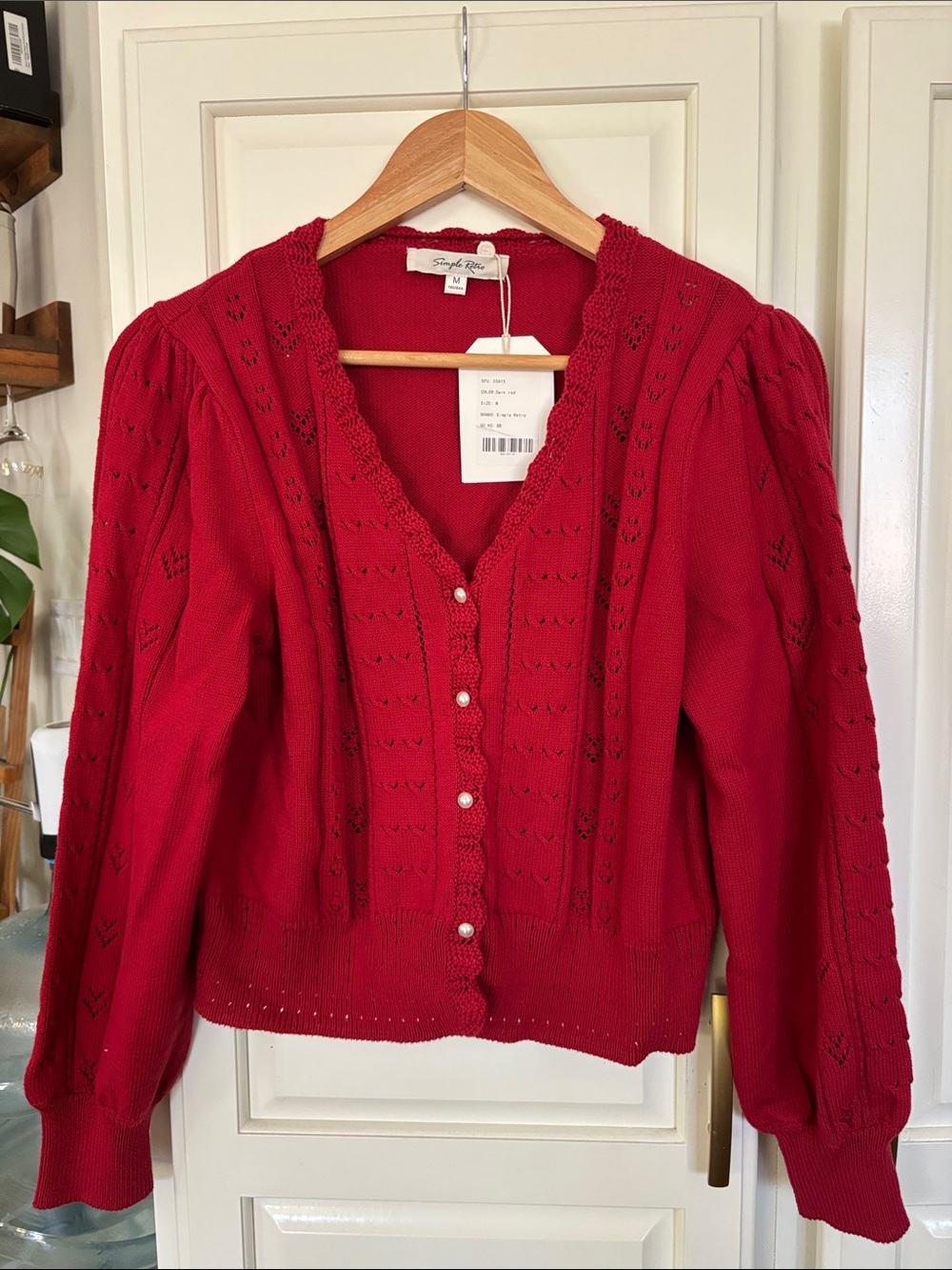 Sugarlips Red Pearl-Button Puff-Sleeve Cardigan